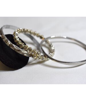 Striking Stackable 3 Silver/Gold Tone Polished/ Textured/Rhinestone 5" Bracelets